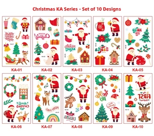 Detail showing 10 different Christmas temporary tattoo sheets for kids party favors