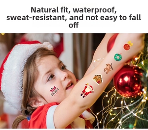 Close-up of waterproof Christmas cartoon temporary tattoos on a girl's arm and face