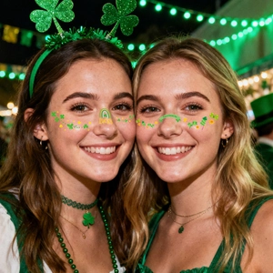 St. Patrick's Day shamrock face tattoos with Lucky lettering for Irish party makeup
