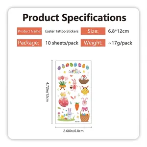 Easter temporary tattoo set with colorful rabbits and eggs, 10 sheets, 6.8x12cm size