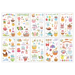 Set of 10 Easter temporary tattoos featuring bunnies, colorful eggs, and chicks designs