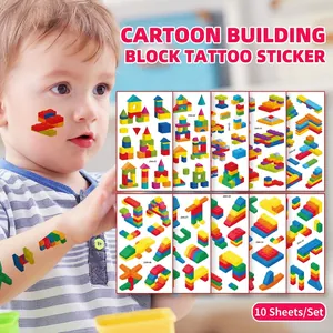 Autocollants De Tatouage Temporaire De Bloc De Construction De Dessin Animé Imperméables Art Corporel Coloré Pour Les Enfants