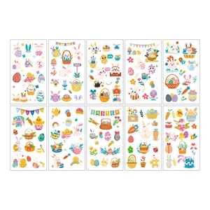 Flat lay of 10 Easter temporary tattoo sheets featuring cute bunnies and colorful eggs