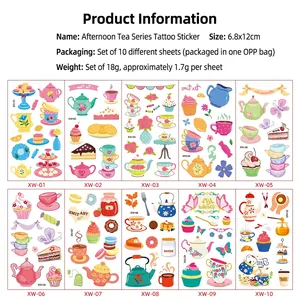 10-sheet set of waterproof cartoon afternoon tea tattoo stickers for kids, 6.8x12cm