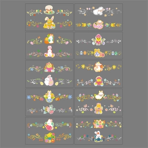 Detail of colorful Easter temporary tattoos with rabbits, chicks, and painted egg patterns