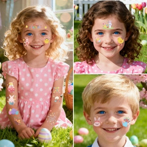 Kids temporary Easter tattoos featuring rabbits and colorful eggs on models in nature