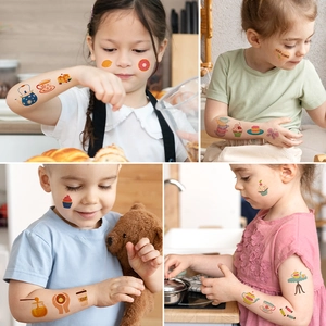 Colorful cartoon afternoon tea temporary tattoos for kids featuring cakes and tea sets