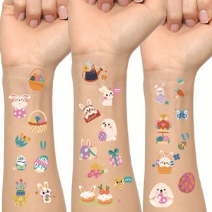 Detail showing colorful Easter temporary tattoos with rabbits and eggs on skin