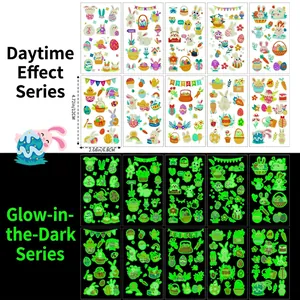Luminous Easter temporary tattoos with rabbits and eggs, glowing green effect, 12x6.8cm set
