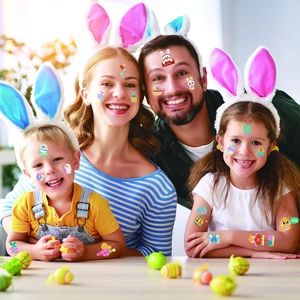 Family wearing cute Easter bunny temporary tattoos with eggs and festive designs