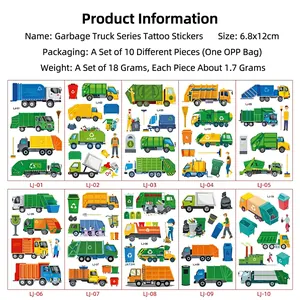 Cartoon sanitation truck temporary tattoo stickers set for kids waterproof party favors