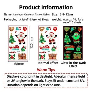 Luminous Christmas cartoon tattoo stickers for kids with Santa and tree motifs, 10 sheets set