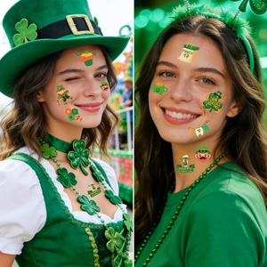 St. Patrick's Day tattoo stickers with green hat and clover necklace set for party decor