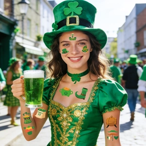 St. Patrick's Day temporary tattoos with shamrocks and green hats on model's face