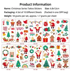 Set of 10 Christmas temporary tattoos for kids featuring Santa Claus and reindeer patterns