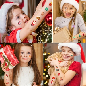Cartoon Christmas temporary tattoo set for children featuring Santa and reindeer motifs