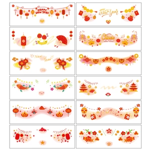 New Year stickers with red and gold Chinese traditional patterns and festive greetings
