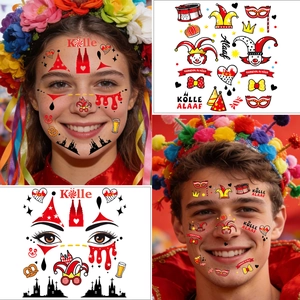 Cologne Carnival face tattoos with clown and cathedral designs for Rose Monday festival