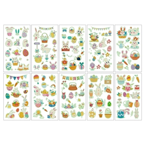 Set of 10 luminous Easter temporary tattoos with rabbit and egg designs on white background