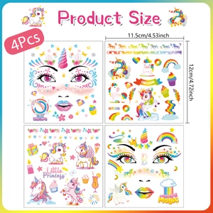 Set of 4 colorful unicorn face stickers with rainbow patterns for party makeup