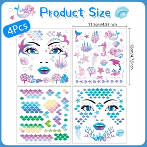 Set of 4 mermaid facial glitter temporary tattoo stickers for kids with sea scales