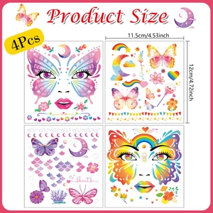 Set of 4 colorful butterfly and angel wing face stickers for festival makeup art decor