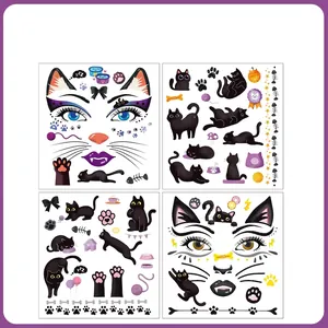 4Pcs cute black cat face temporary tattoo stickers with paw and fishbone designs