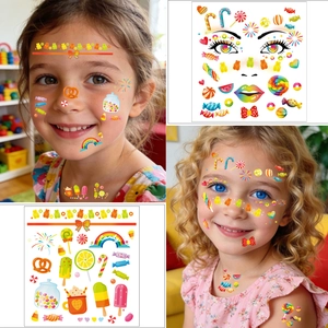 Colorful candy themed temporary face tattoos for kids featuring rainbow and lollipop designs