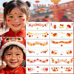 Kids Chinese New Year Face Tattoo Stickers Water Transfer Traditional Red Lantern Koi Blush Pattern For Party Makeup