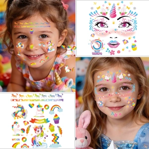 Colorful unicorn face tattoo stickers for kids featuring rainbow and glitter patterns