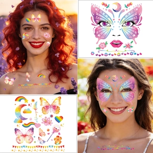 Butterfly face tattoo stickers with rainbow wings and floral face jewels for kids parties
