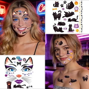 Cute black cat face tattoo stickers set with stars and fishbone patterns for women