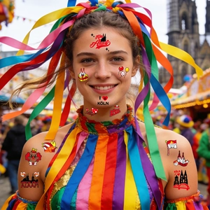 Close-up of colorful Cologne Carnival face tattoos with Kölle Alaaf and clown motifs
