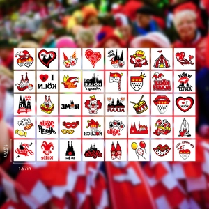Set of 40 Cologne Carnival temporary tattoos featuring clown masks and Kölle Alaaf slogans