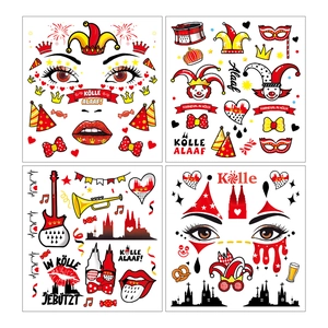 Cologne Carnival temporary tattoo set with red, white, yellow designs and clown motifs
