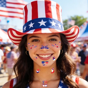 Patriotic USA flag face tattoo stickers for Independence Day featuring hearts and banners