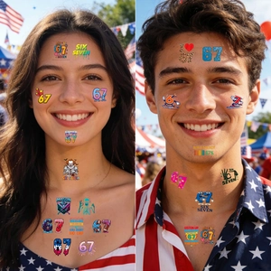 Vibrant funny number 67 graffiti temporary tattoos with cartoon designs for face and body