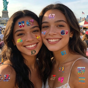 Close-up of Gen-Z style temporary tattoos with 67 digits and slang on skin