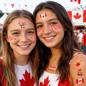 Canada Day temporary tattoos featuring red maple leaves and beaver designs on face