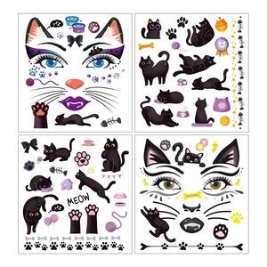 Set of four cute black cat temporary tattoos for eye makeup with paw and star designs