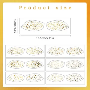 Size guide for gold freckle eye makeup stickers featuring 7 pairs of various designs