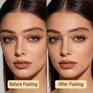 Metallic gold star and snowflake eye makeup stickers showing before and after look