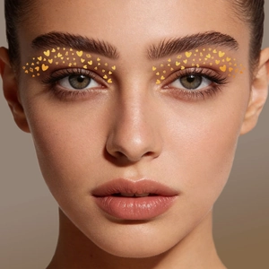 Golden heart face stickers with glitter texture for festive eye makeup and party looks