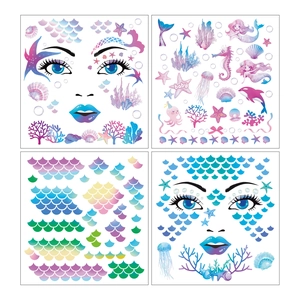 Kids mermaid face and body tattoo stickers set with colorful sea scales and marine elements
