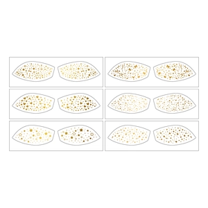 Detail view of gold metallic eye makeup stickers featuring stars, hearts, and butterfly patterns