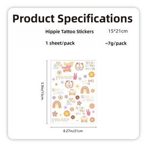 Detailed size dimensions of 15x21cm for hippie peace and love temporary tattoo stickers