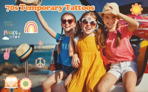 Vibrant children's 70s theme temporary tattoos with rainbows and peace signs in sunlight