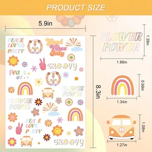 Retro Hippie Temporary Tattoo Stickers Boho Rainbow Flower Peace Sign Bus Design Waterproof Body Face Art Decals For Party Women Kids