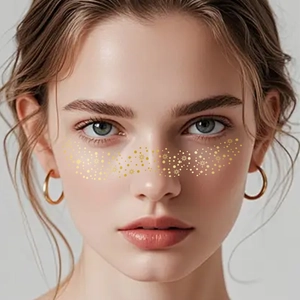 Golden star and snowflake freckle face tattoos with metallic hoop earrings for parties