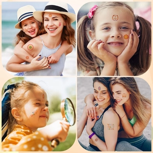 Colorful hippie temporary tattoo set with peace, love, boho symbols for face and body art